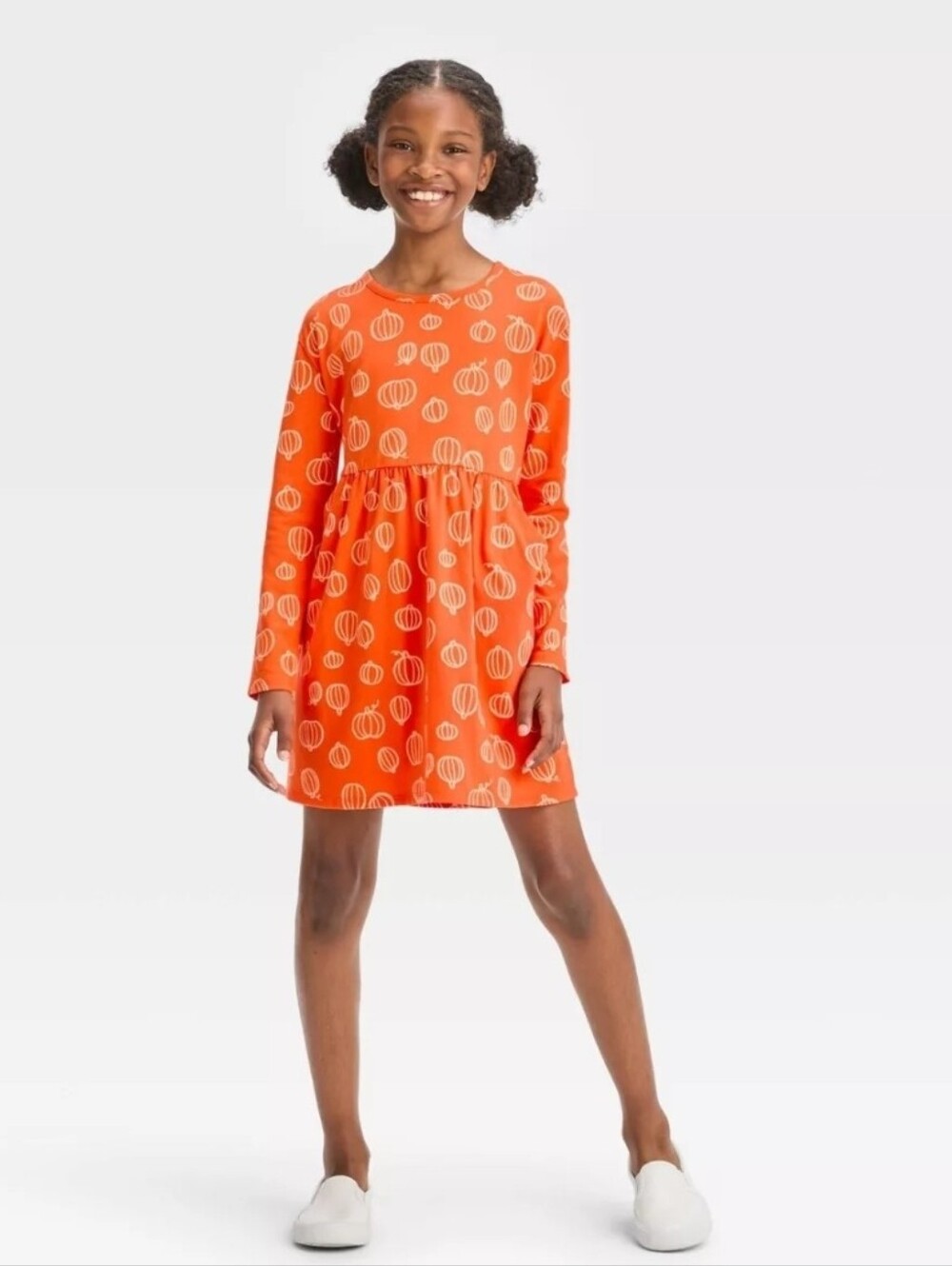 Cat & Jack Orange Long-Sleeve Pumpkin Print Dress Size 10/12 NWT